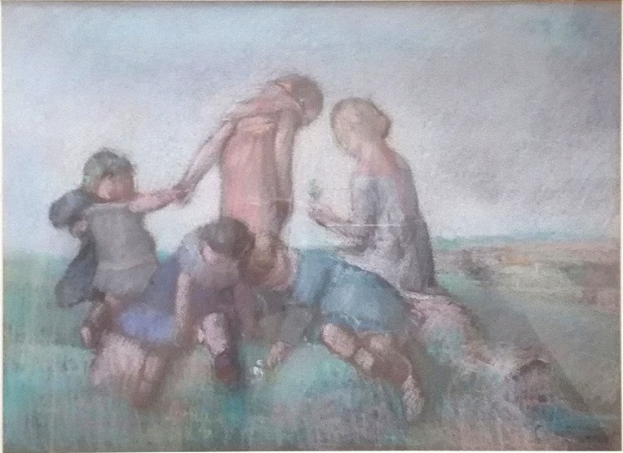 Malen von Kindern, die auf einem Feld spielen, gerahmt, mit hellen, fröhlichen Farben und spielerischen Ausdrücken.