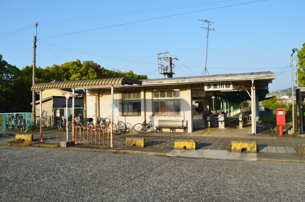 Fahrräder vor einem Bahnhof mit Häusern, Bäumen, Strommasten, Drähten und einem klaren blauen Himmel im Hintergrund, über einer Straße.