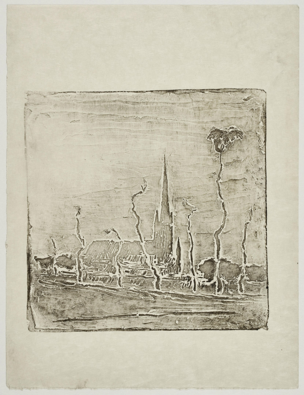 Schwarz-weiß-Zeichnung einer Stadtlandschaft mit einer Kirche im Hintergrund auf altem Papier.