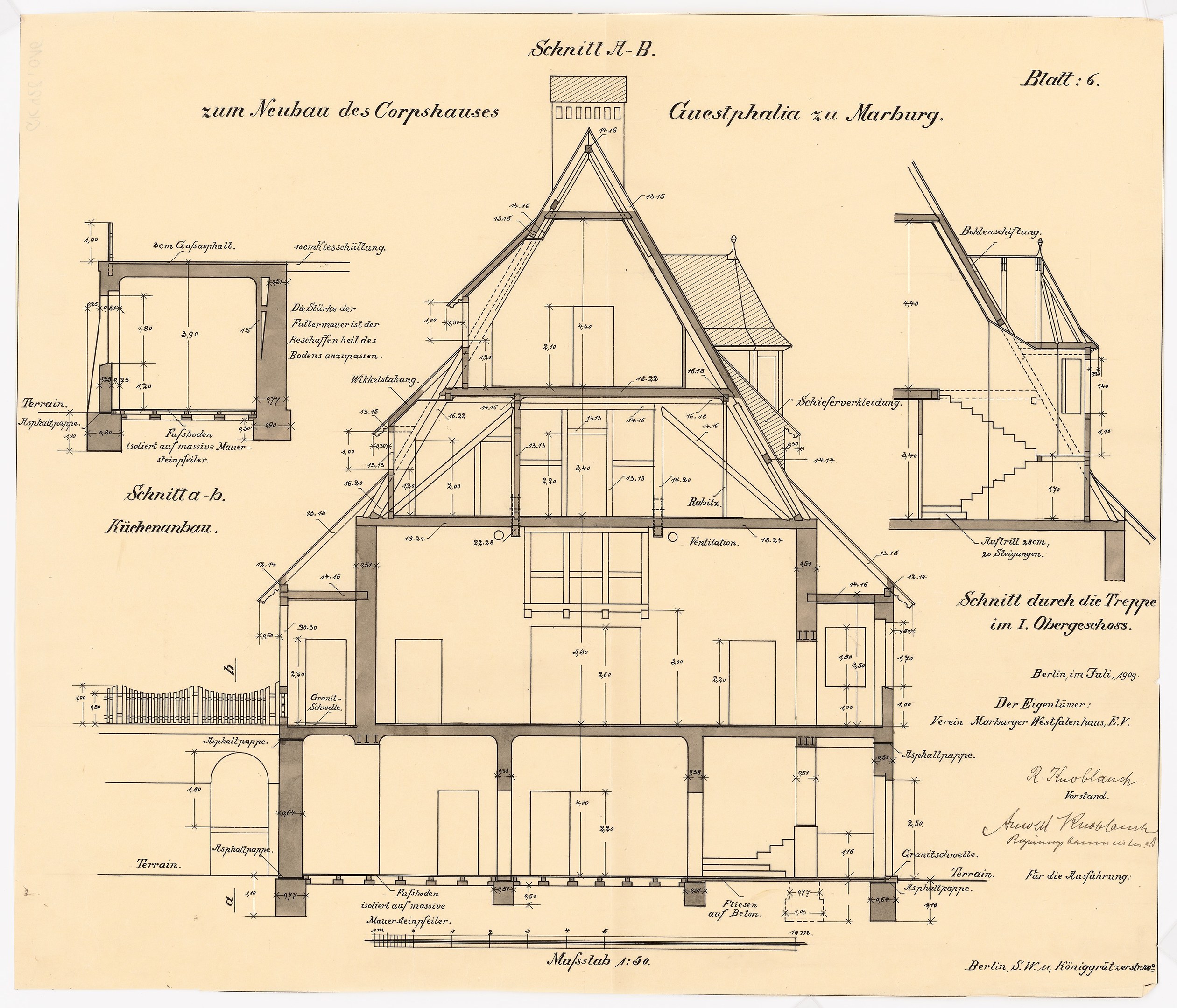 Schwarze-weißes architektonisches Zeichnung eines Hauses mit zahlreichen Fenstern und einem Dach, das als erstes Haus in Deutschland bezeichnet wird, begleitet von detaillierten Bauplänen und Text.