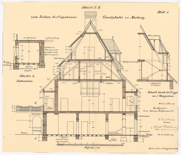 Schwarze-weißes architektonisches Zeichnung eines Hauses mit zahlreichen Fenstern und einem Dach, das als erstes Haus in Deutschland bezeichnet wird, begleitet von detaillierten Bauplänen und Text.
