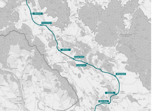 Blaue Linie auf einer Stadtkarte, die die Route eines Fahrradwegs mit Start- und Endpunkten markiert.
