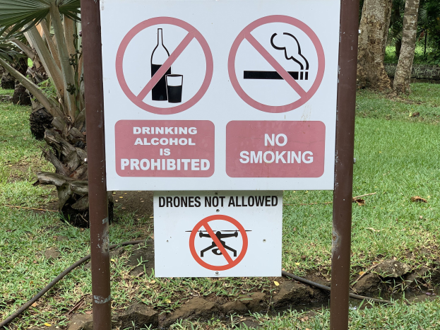 Verkehrsschild, das den Genuss von Alkohol und das Rauchen verbietet, mit Bäumen und Gras im Hintergrund.