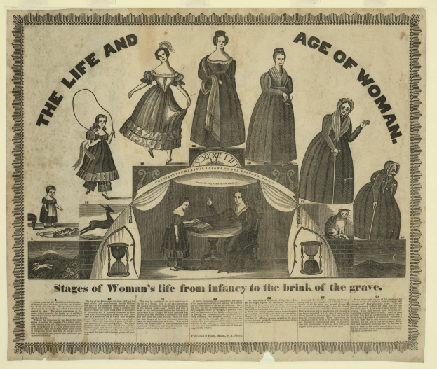 Ein farbenfrohes illustriertes Zeitstrahl-Diagramm, das die Lebensphasen von Frauen von der Geburt bis ins hohe Alter darstellt, mit fetter Schrift und detaillierten Elementen.