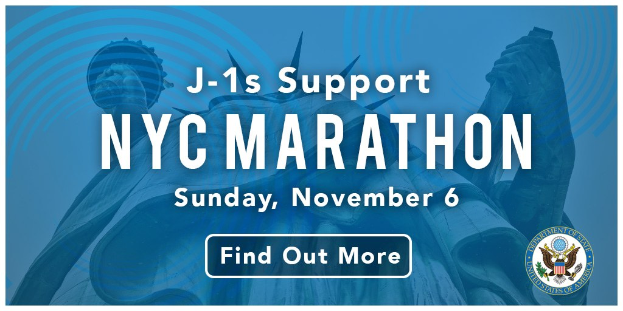 Plakat für den New York City Marathon am Sonntag, den 6. November, mit dem Text "j-1s support" und dem Logo des Events.