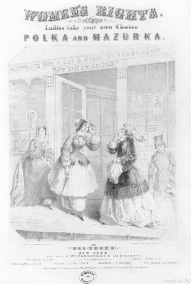 Ein Blatt mit einer Zeichnung von drei Frauen vor einem Gebäude, betitelt "Frauenrechte: Ladies Take Your Own Choice, Polka und Mazurka" oben und unten.