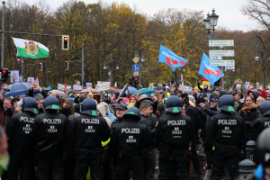Eine große Gruppe von Polizisten steht vor einer Menge mit Fahnen und Schirmen, im Hintergrund sind Laternenpfähle, Verkehrsampeln, Schilder, Bäume und ein klarer Himmel zu sehen.