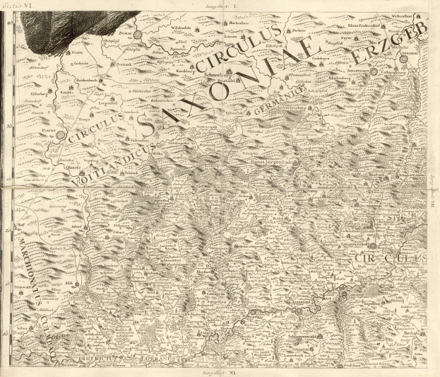 Ein detailliertes altes Kartenmaterial von Sachsen, Deutschland, das geografische Merkmale wie Flüsse, Berge und Städte zeigt, mit begleitendem Text, der Informationen über die Region und ihre Einwohner bereitstellt.