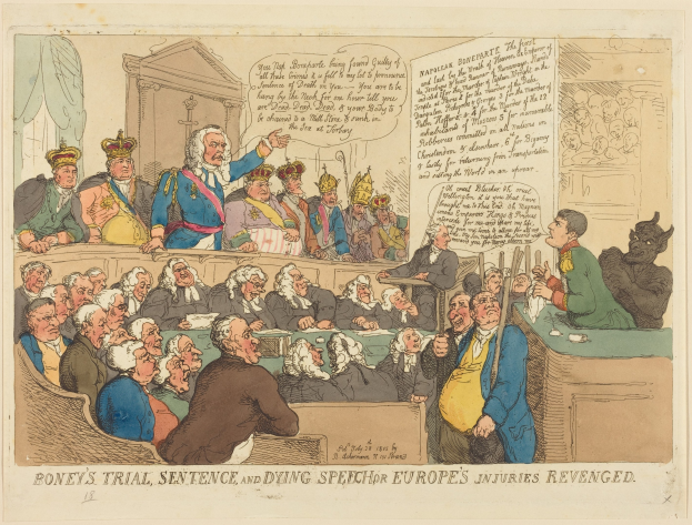 Cartoon-Illustration einer Gerichtsszene mit einem zentralen stehenden Mann, sitzenden Individuen, einem Tisch mit Gegenständen auf der rechten Seite und dem Text "Boney's Trial, Sentence, and Dying Speech Europe's Injuries Revenged" unten.