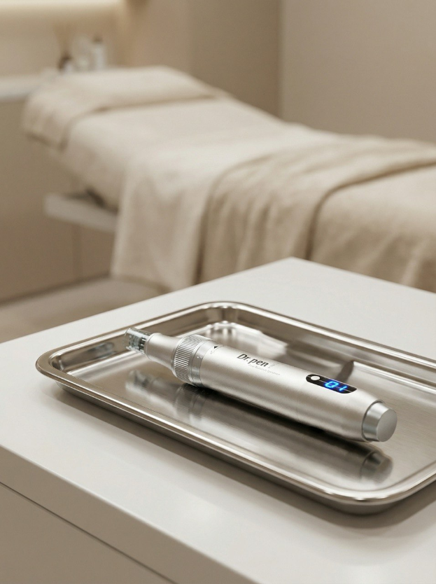 Steriles Microneedling-Instrument auf einem professionellen Behandlungstablett in einem modernen Kosmetikstudio.