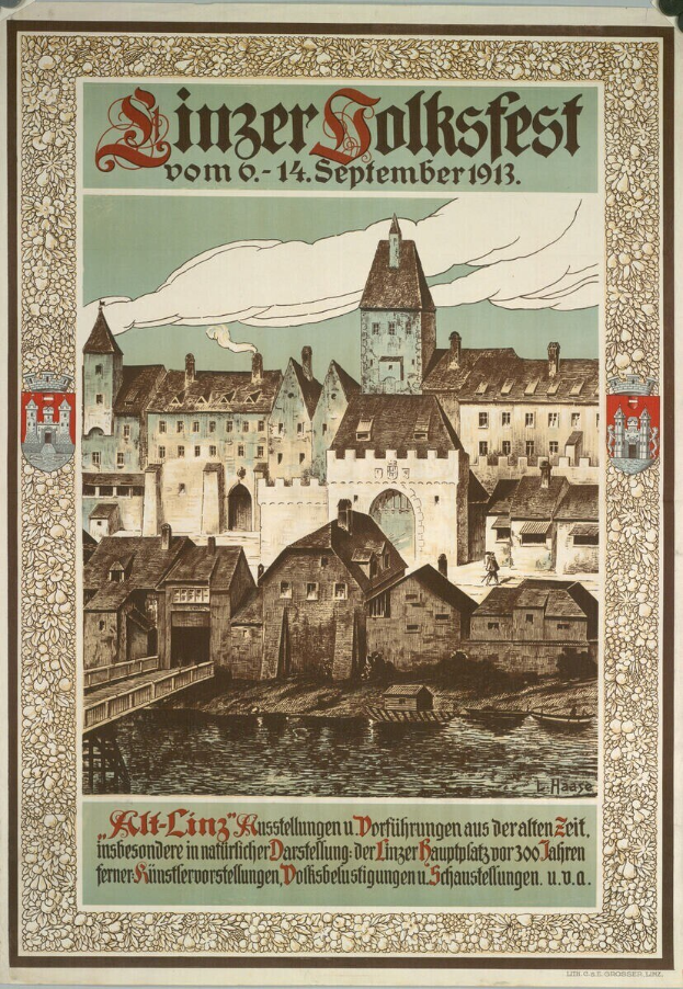 Alter deutscher Festivalplakat mit einer Burillustration, umgeben von Häusern, und Text mit Festivaldetails.
