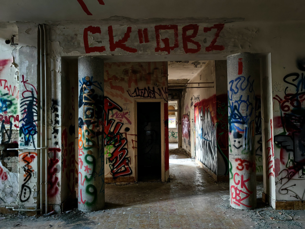 Verlassenes Gebäude mit graffiti-bedeckten Wänden, sichtbarer Boden, freiliegende Rohre und eine Tür im Hintergrund, die den Verfall der Stadt illustriert.