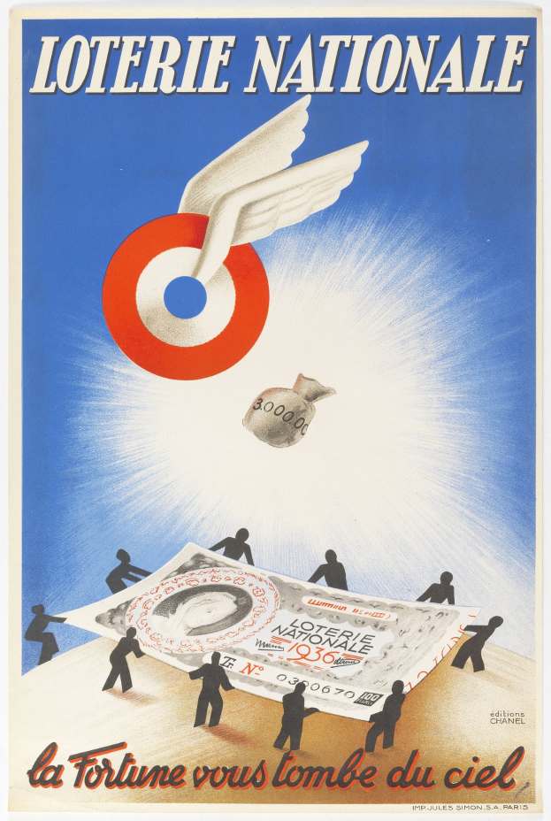 Ein Plakat für eine nationale Lotterie mit einem Bild eines Vogels, der über einen Geldstapel fliegt, mit Text, der die Lotterie und ihre Vorteile beschreibt.