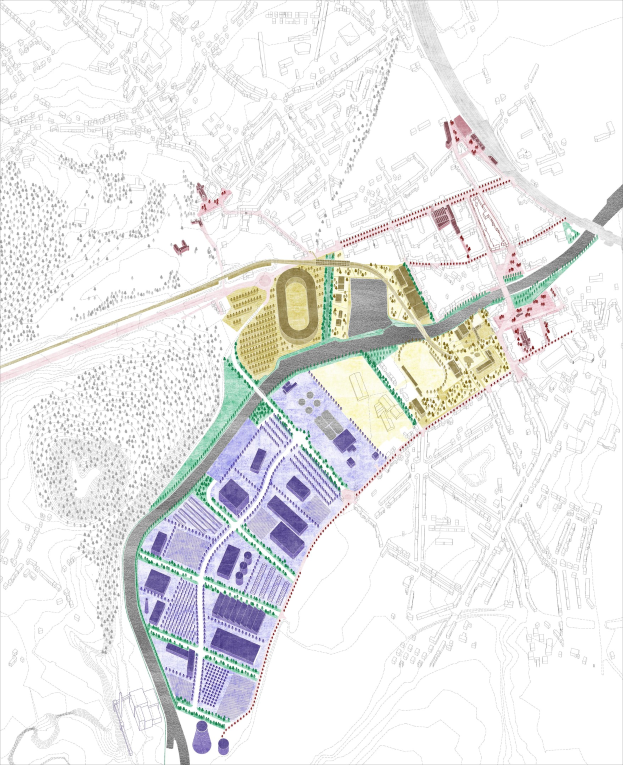 Vorgeschlagener Lageplan für die neue Stadt London, farbkodierte Karte mit verschiedenen Stadtbereichen und Text über und unter der Karte.