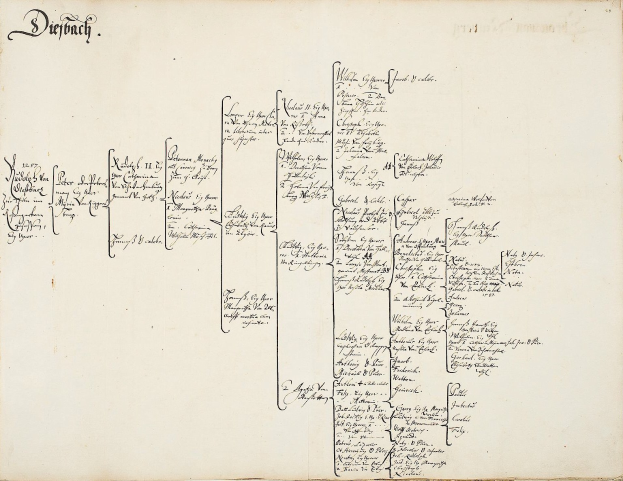 Offenes Buch mit handgeschriebener genealogischer Familiengeschichte, die die Abstammung einer deutschen Familie detailliert.