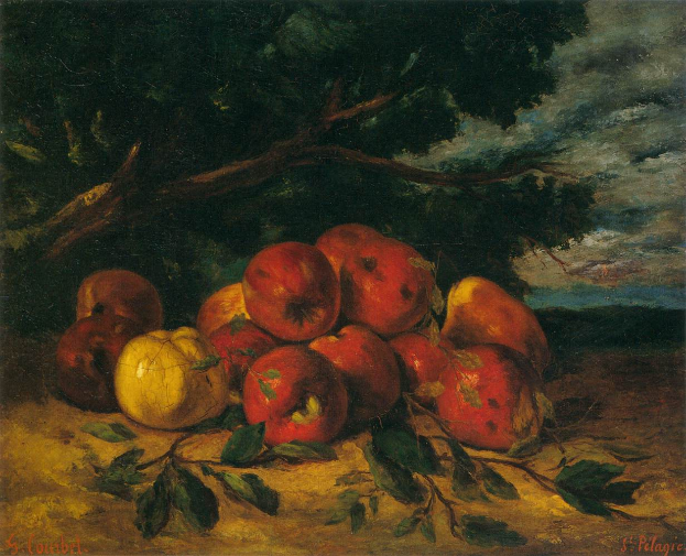 Ein Bild mit dem Titel "Naturstillleben mit Äpfeln und Birnen" von St. Pelagre, das ein Stillleben von Äpfeln und Birnen auf einem Tisch mit einem Baum und einem wolkenverhangenen Himmel im Hintergrund zeigt.