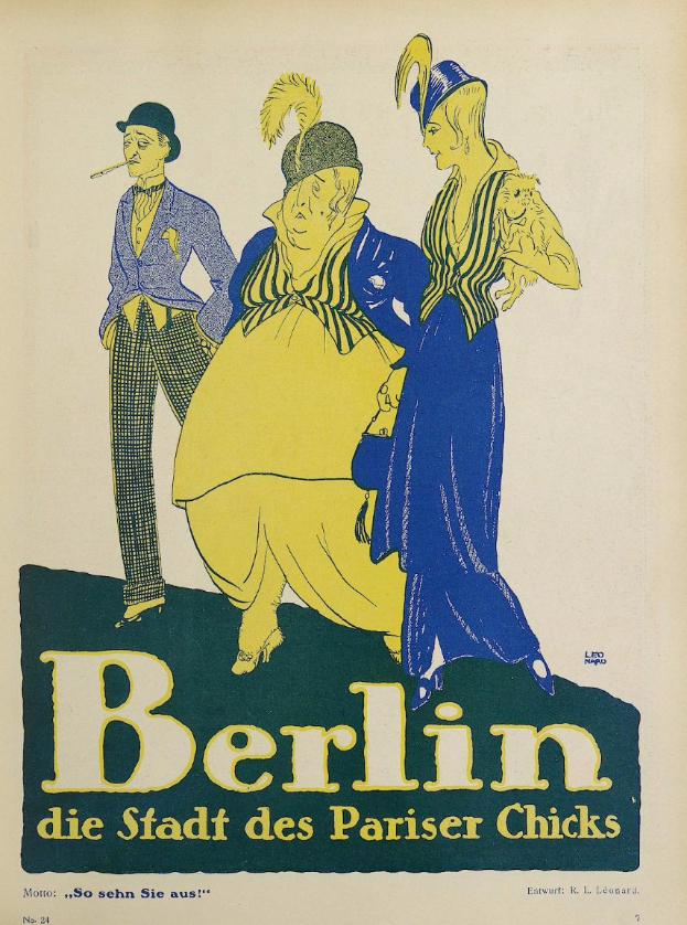 Ein Plakat, das ein Konzert in Berlin, Deutschland, ank├╝ndigt, mit einer Gruppe von Menschen in bunter Kleidung, die vor einem Geb├Ąude stehen, mit dem Text "Berlin - Die Stadt des Pariser Chicks" ├╝berall.