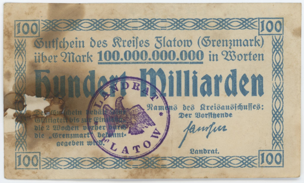 Deutsche Banknote mit dem Text "Grenzmark 100,000,000", die ein purpurfarbenes Siegel auf einem weißen Hintergrund zeigt.