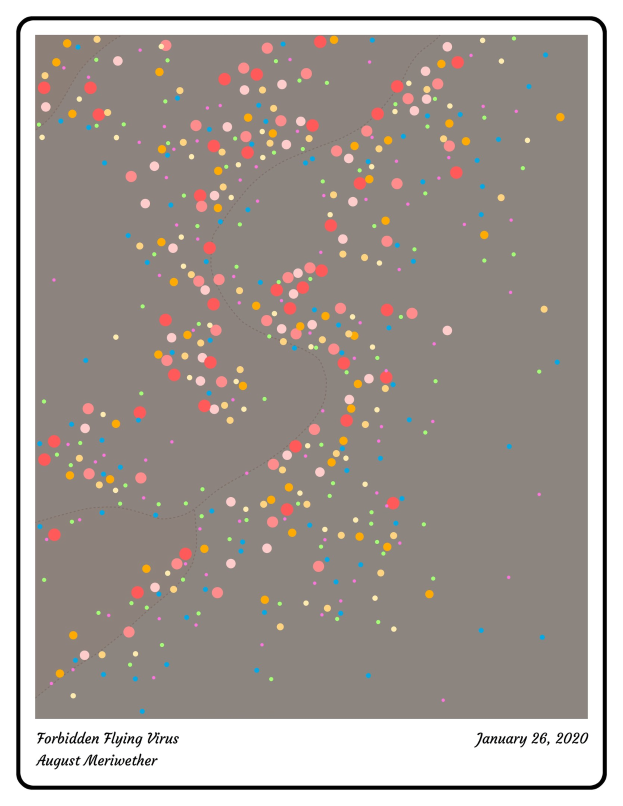 Plakat mit grauem Hintergrund und bunten Punkten sowie Text unten mit der Aufschrift "Verbotenes fliegendes Virus August Meriwether".