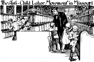 Ein Plakat zeigt die Anti-Kinderarbeit-Bewegung in Missouri und zeigt eine Gruppe von Menschen in traditioneller Kleidung, einige stehen, einige sitzen, mit besorgten Gesichtern, und Text oben und unten mit der Aufschrift "Die Anti-Kinderarbeit-Bewegung in Missouri."