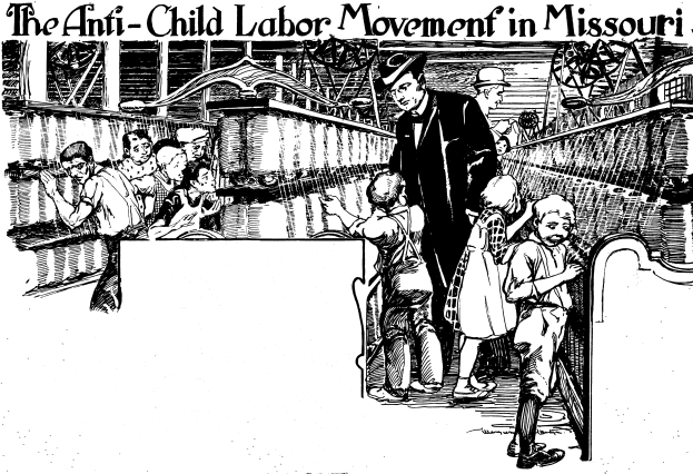 Ein Plakat zeigt die Anti-Kinderarbeit-Bewegung in Missouri und zeigt eine Gruppe von Menschen in traditioneller Kleidung, einige stehen, einige sitzen, mit besorgten Gesichtern, und Text oben und unten mit der Aufschrift "Die Anti-Kinderarbeit-Bewegung in Missouri."