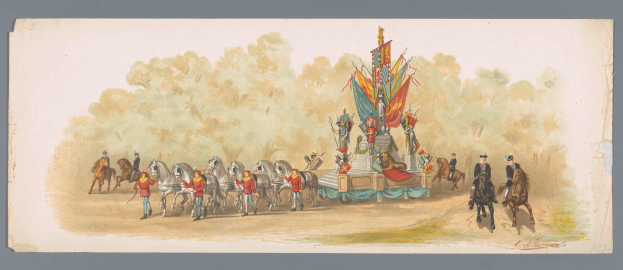 Ein Gemälde eines Karnevalsumzugs mit Menschen in bunten Kostümen, die auf Pferden vor einem geschmückten Festwagen reiten, vor einem Hintergrund mit Bäumen und einem klaren blauen Himmel.