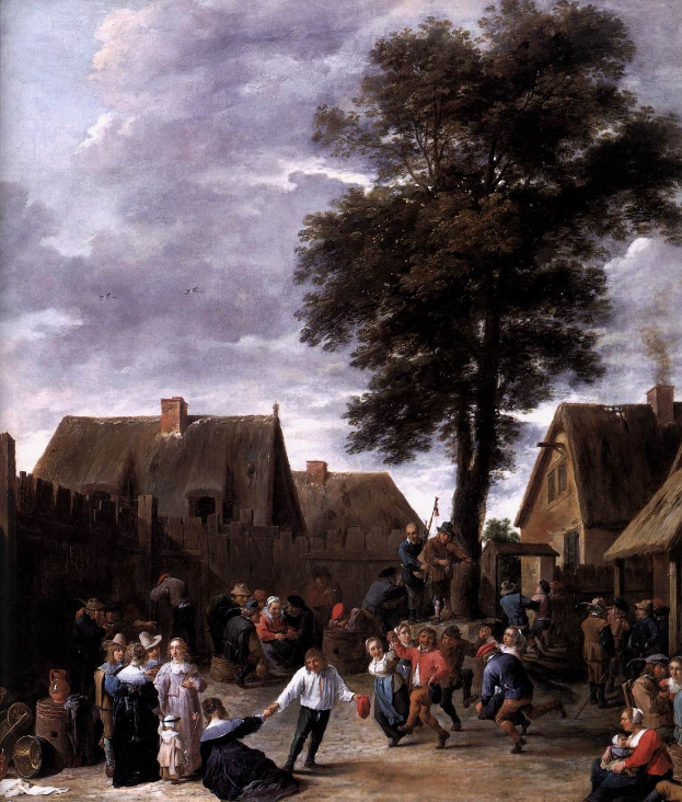 Gemälde mit dem Titel "Der Tanz im Dorf" von Jan Brueghel dem Jüngeren, das eine Hofszene mit Dorfbewohnern, Häusern, Bäumen, einem hölzernen Zaun, einer wolkigen Himmelslandschaft und fliegenden Vögeln zeigt.