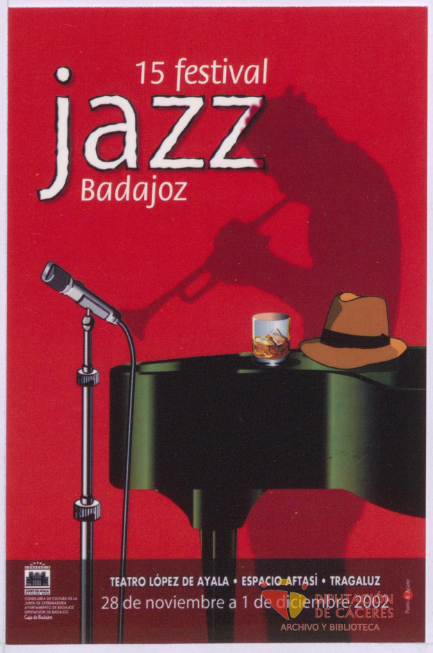 Plakat für das 15. Festival Jazz Badajoz mit einem Mikrofon, Hut und Glas auf einem Tisch mit Festival-Informationstext.