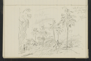 Ein offenes Skizzenbuch mit einer Zeichnung einer Gruppe von Menschen, die in einem üppigen, grünen Dschungel mit hohen Bäumen stehen, unter einem tiefblauen Himmel mit vereinzelten weißen Wolken und Text auf der Seite.