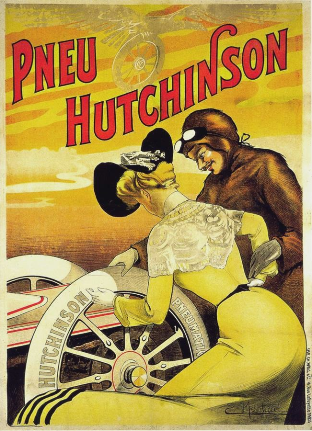 Ein Vintage-Plakat, das einen Pneu Hutchinson-Rennwagen bewirbt und zwei Personen und ein Fahrzeug zeigt, mit beschreibendem Text.