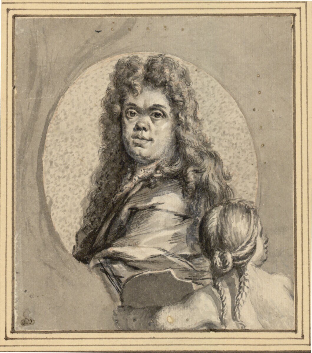 Ein Porträt eines Mannes mit langen Haaren und einem ernsten Gesichtsausdruck, eine Frau mit einem sanften Gesichtsausdruck, die ein Kind hält, beide schauen direkt auf den Betrachter.