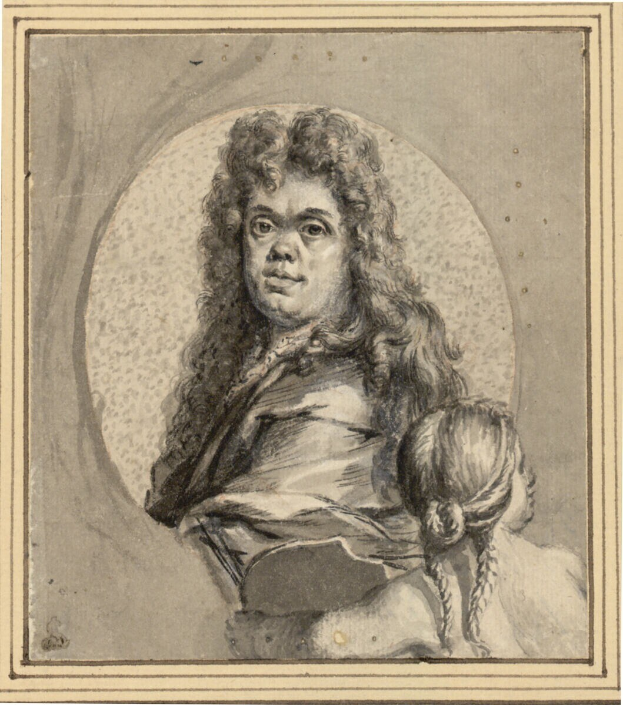 Ein Porträt eines Mannes mit langen Haaren und einem ernsten Gesichtsausdruck, eine Frau mit einem sanften Gesichtsausdruck, die ein Kind hält, beide schauen direkt auf den Betrachter.