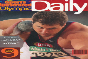 Ein Mann in einem Trainingsanzug wirft einen Speer auf dem Cover eines Sports Illustrated Magazins, mit einem entschlossenen Gesichtsausdruck und einem Strichcode unten.