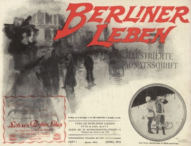 Umschlag eines alten Buches mit dem Titel "Berliner Leben" mit einer Illustration von Menschen in traditioneller deutscher Tracht, wahrscheinlich im Zusammenhang mit Berlins Geschichte oder Kultur.