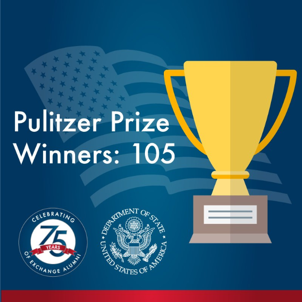 Plakat mit der überschrift "Pulitzer-Preis-Gewinner 105" mit einem zentralen Pokalsymbol, umgeben von Text und Logos.