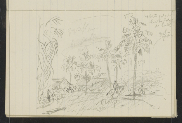 Ein offenes Skizzenbuch mit einer Zeichnung einer Gruppe von Menschen, die in einem üppigen, grünen Dschungel mit hohen Bäumen stehen, unter einem tiefblauen Himmel mit vereinzelten weißen Wolken und Text auf der Seite.