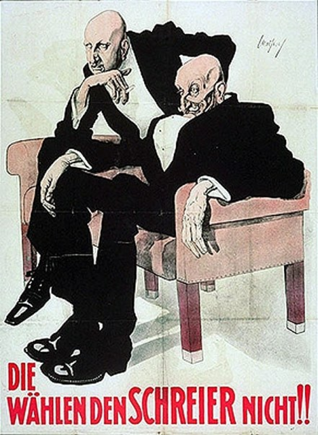 Deutsches Propagandaplakat der NSDAP mit zwei Männern auf einem Sofa und Text zur Parteiwerbung.