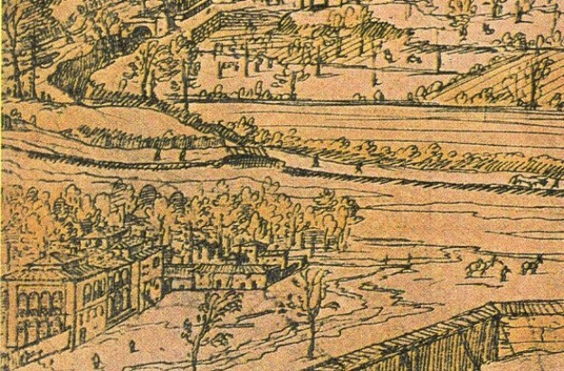 Ein detailliertes Stadtbild mit einer gewundenen Flusslandschaft, umgeben von saftig grünen Bäumen und hohen Gebäuden, die eine friedliche Atmosphäre vermitteln.