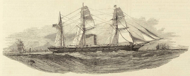 Gravur eines Segelschiffs mit geblähten Segeln, das auf dem Meer segelt, andere Schiffe im Hintergrund sichtbar, detaillierter Rumpf glänzt in der Sonne, mit Text unten.