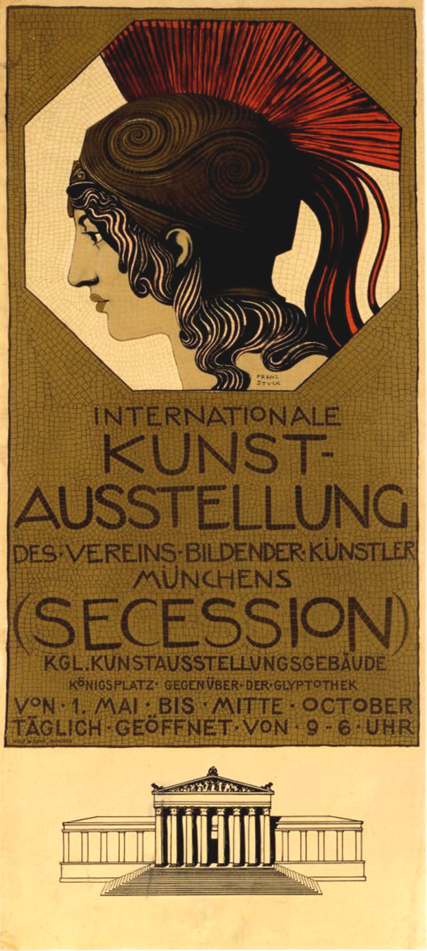 Ein Plakat für die Internationale Kunstausstellung in München, Deutschland, das eine Frau mit einem menschlichen Gesicht in der Mitte zeigt und Text, der wahrscheinlich Informationen über die Veranstaltung enthält.