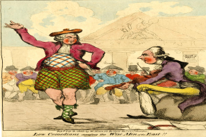 Ein Cartoon von einem Mann in einem Kilt und einer Frau in einem Kleid, die vor einer Menge stehen, mit einem Gebäude und Wolken im Hintergrund und einem Text unten, der "Low Comedians Amusing the Wise Men of the East" lautet.