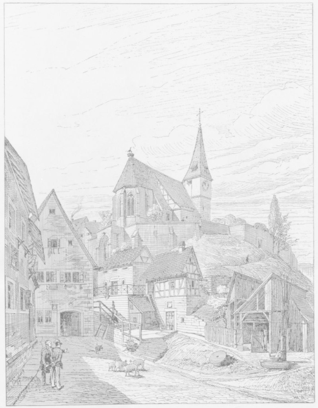 Eine Schwarz-Weiß-Zeichnung einer StraßenSzene in Heidelberg, Deutschland, mit der Kirche der Heiligen Dreifaltigkeit im Hintergrund, umgeben von Gebäuden, Menschen, Tieren, Bäumen und einem Himmel, mit Text unten lesbar "Die Kirche der Heiligen Dreifaltigkeit im alten Stadtzentrum von Heidelberg, Deutschland".