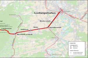 Eine Karte von Ludwigshafen, Deutschland, mit einer roten Linie, die die Zugroute anzeigt, und Text, der Details zum Zug_length, Abstand und Sehenswürdigkeiten enthält.