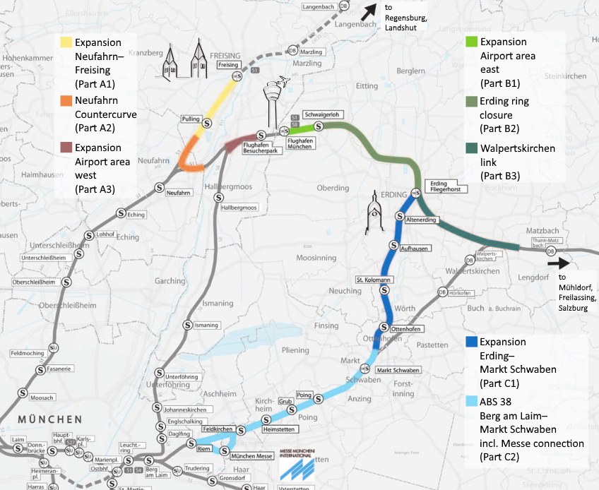 Eine detaillierte Stadtkarte mit einer hervorgehobenen Bahnroute von München nach Frankfurt, die Haltestellen, die Umgebung und Bahnangaben wie Länge und Entfernung zeigt.