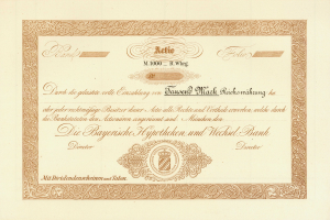 Alter Aktienchein mit goldenem Rand, der ein Porträt eines Mannes und Text zeigt, wahrscheinlich eine Anleihe.