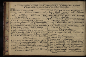 Ein aufgeschlagenes Buch mit schwarzem Hintergrund und Kursivschrift, umgeben von einem dekorativen Rahmen, das Komödien, Historie und Tragödien auflistet.