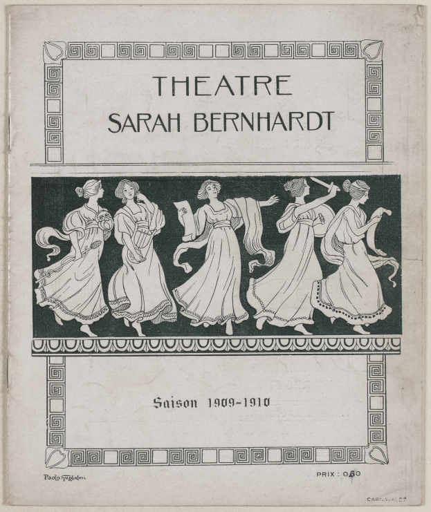 Plakat für das Theater Sarah Bernhardt von 1909-1910, das eine Gruppe von Frauen in der Mitte mit Text zeigt, der das Theater und seine Künstler beschreibt.