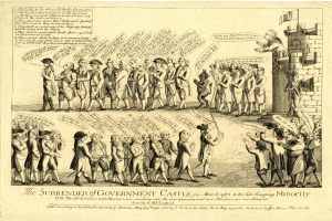 Ein Blatt Papier mit einer Zeichnung einer vielseitigen Gruppe von Menschen vor einer hohen, beeindruckenden Burg mit einem großen Eingang und mehreren Türmen und einer betonten Textstelle.