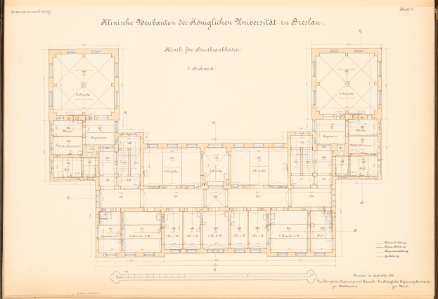 Ein detaillierter Grundrissplan der Königlichen Universität in Dresden, der zahlreiche Räume und den Hauptsaal zeigt, mit begleitendem Text.