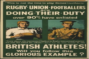 Ein Plakat mit zwei Rugbyspielern in Uniform, auf dem über 90% der britischen Athleten für den Dienst eingeteilt sind.